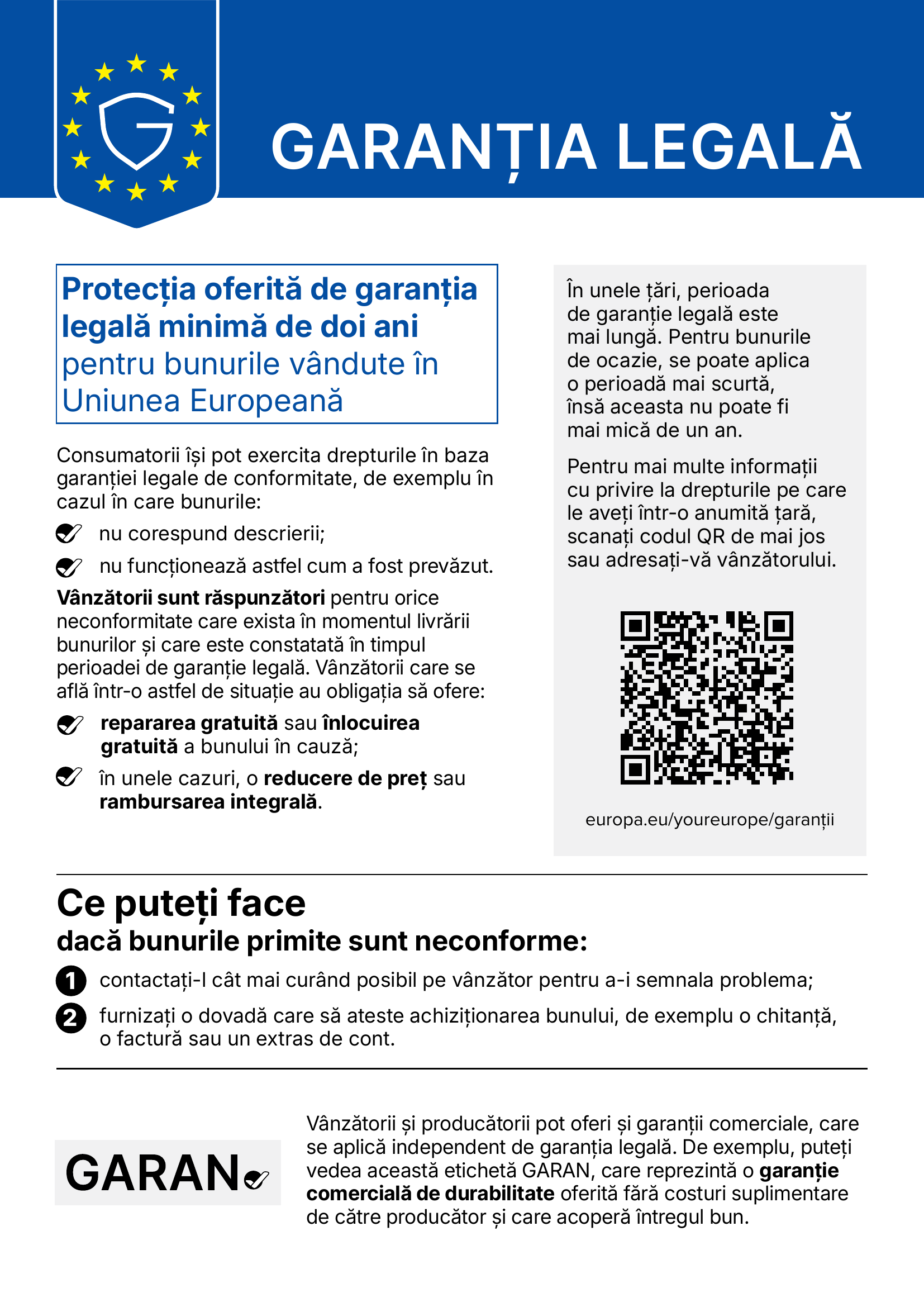 Notificarea armonizată privind garanția legală de conformitate - varianta în limba română